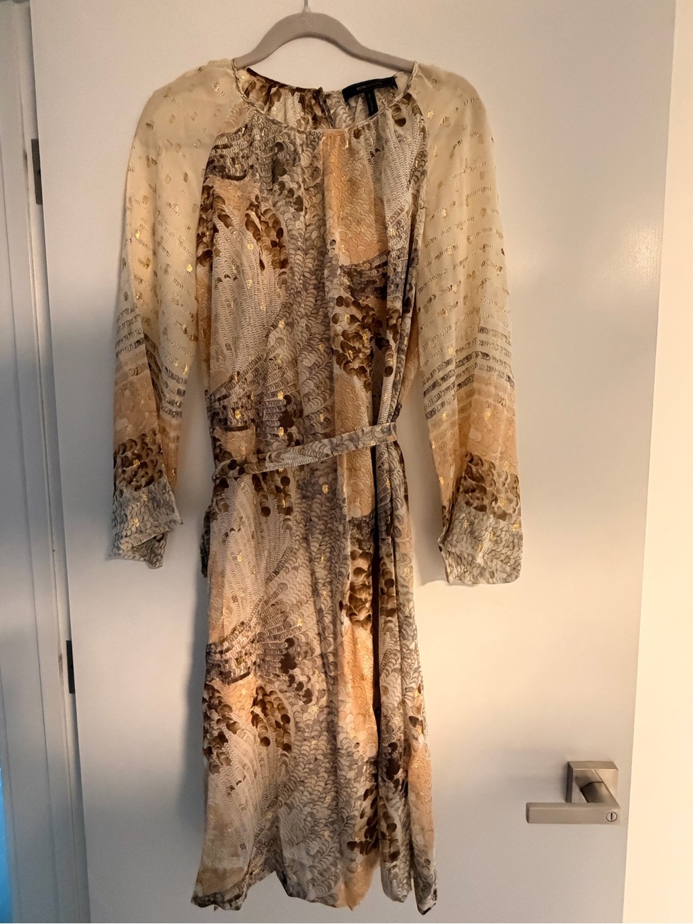 BCBGMaxAzria Cream & Brown Printed Midi Dress with Belt